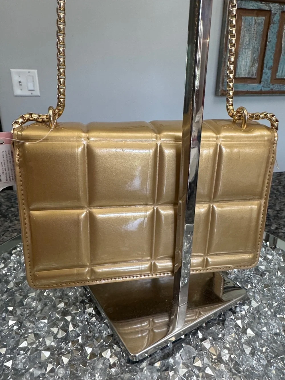 Metallic Gold Quilted shoulder clutch Bag with Chain Strap NWT